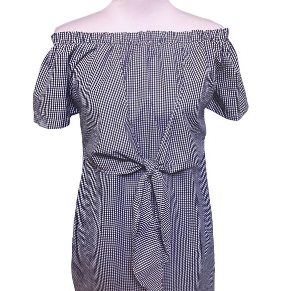 Gingham Off Shoulder Tie Front Mini Dress Beach summer vacation Large Resortwear - Picture 3 of 6